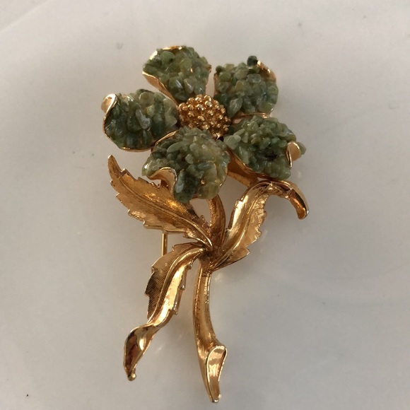 RARE Nephrite Jade Gold Plated Crushed Druzy stones flower brooch - Picture 2 of 3
